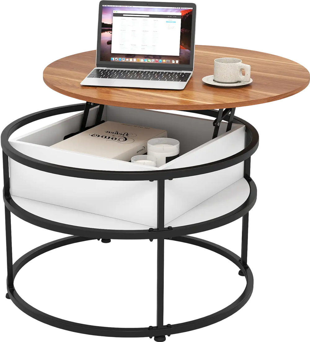 Round lift top coffee table in teak with hidden compartment and side shelves, ideal for organizing small items.