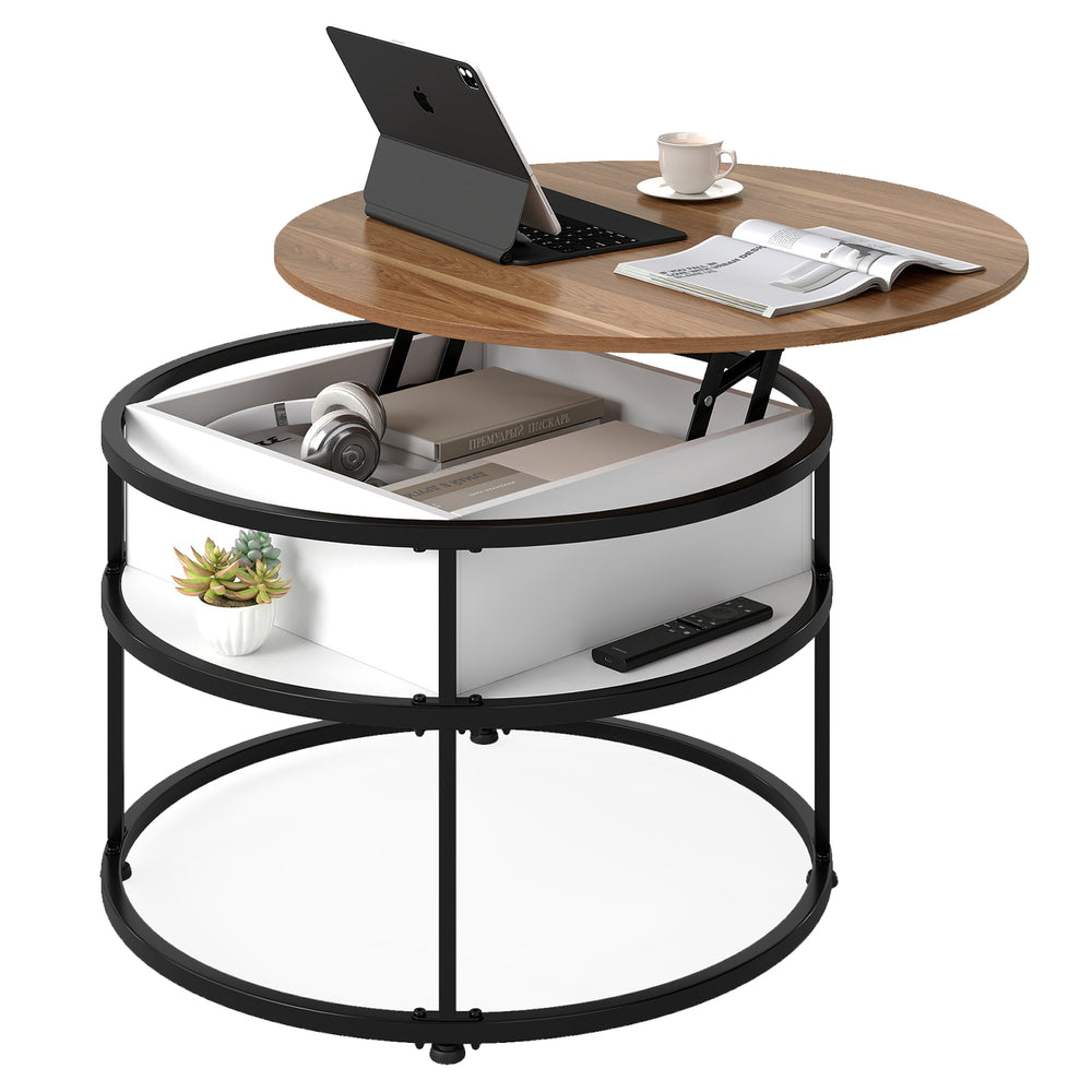 Round lift top coffee table in teak with hidden compartment and side shelves, perfect for organizing small items.