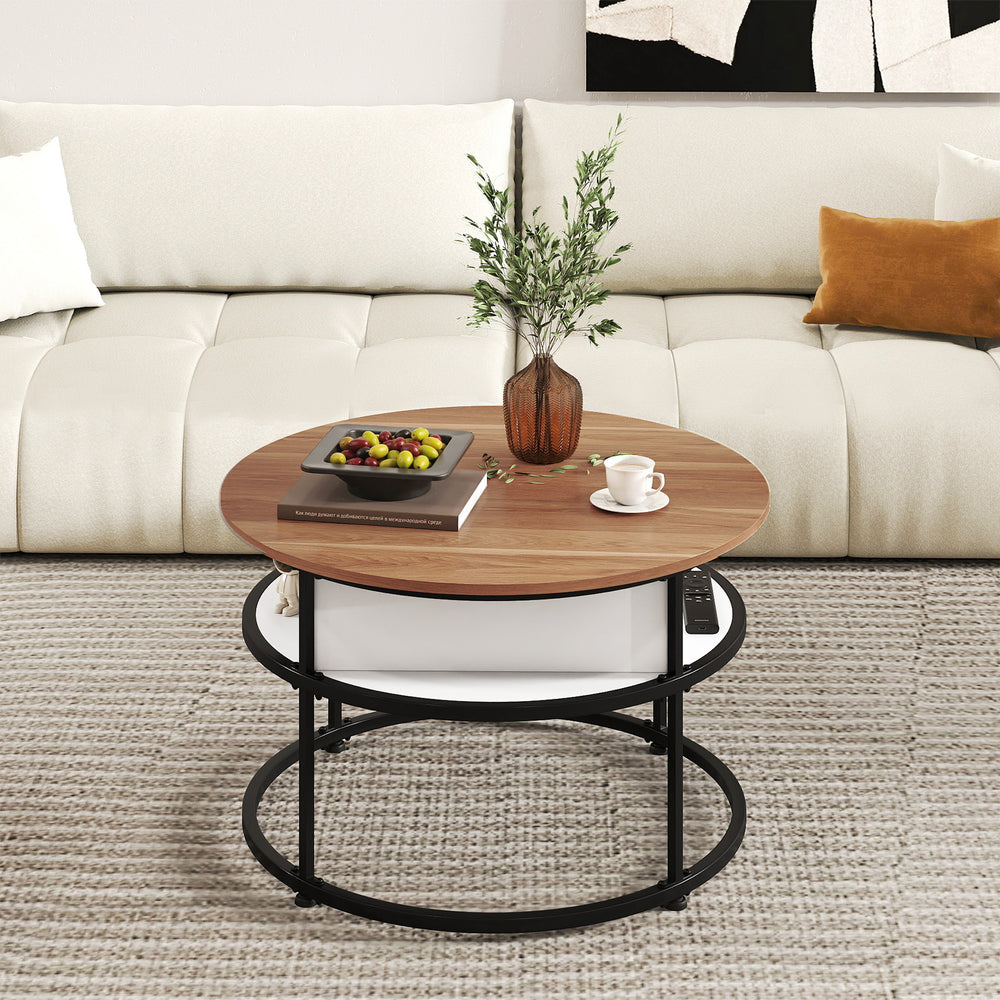 Round lift-top coffee table with teak finish, hidden compartment, and side shelves for organized storage in living room.