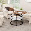 Round lift top coffee table with hidden compartment and side shelves, featuring a teak finish and sturdy metal.