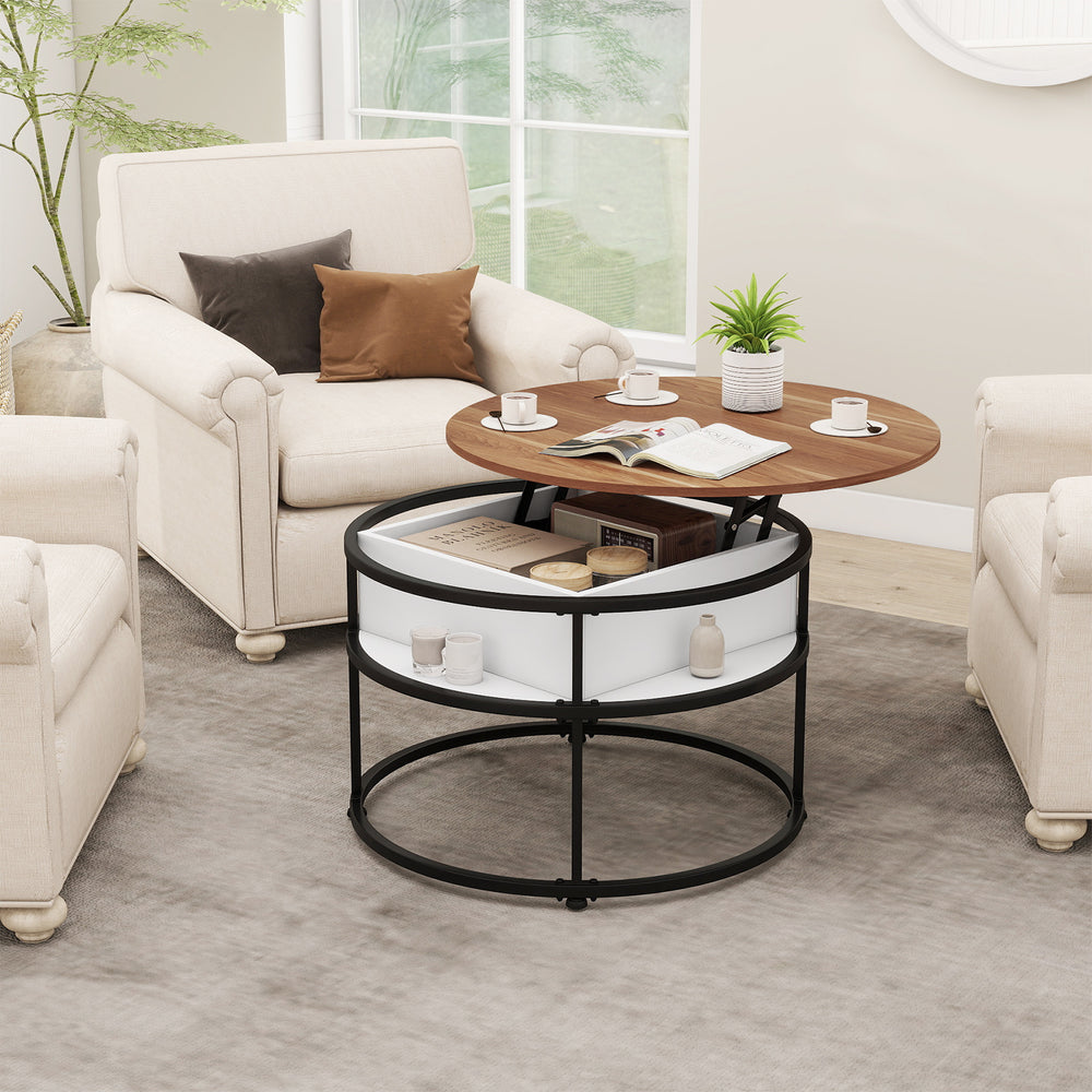 Round lift top coffee table with hidden compartment and side shelves, featuring a teak finish and sturdy metal.