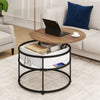 Round lift top coffee table with teak surface, showcasing spacious hidden compartment and side shelves for versatile.