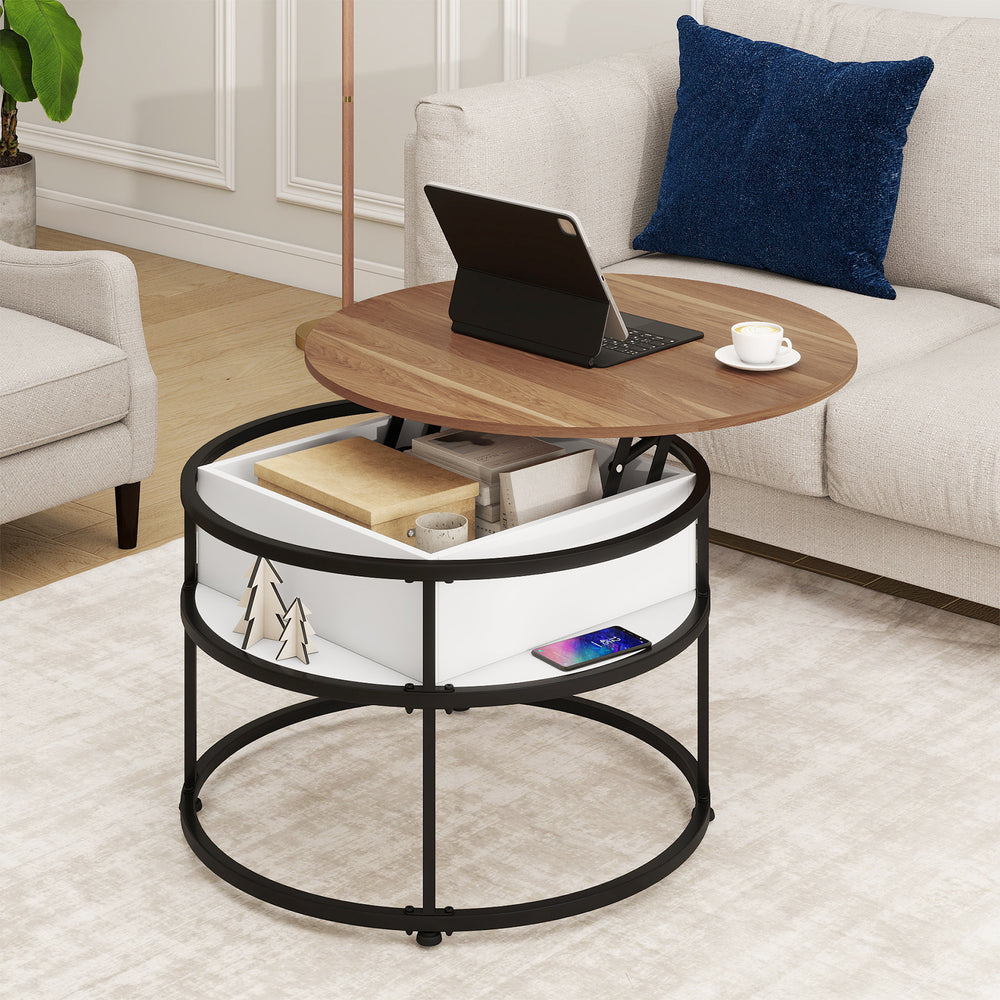 Round lift top coffee table with teak surface, showcasing spacious hidden compartment and side shelves for versatile.