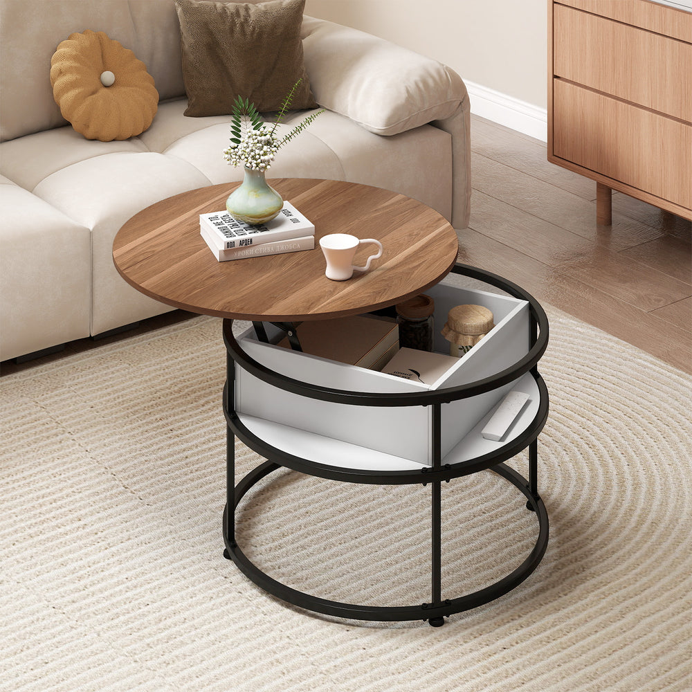 Round lift top coffee table with teak finish, hidden compartment, and side shelves for organized storage in living room.