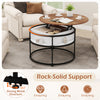 Round lift top coffee table with hidden compartment and side shelves, featuring a strong metal structure for stability.