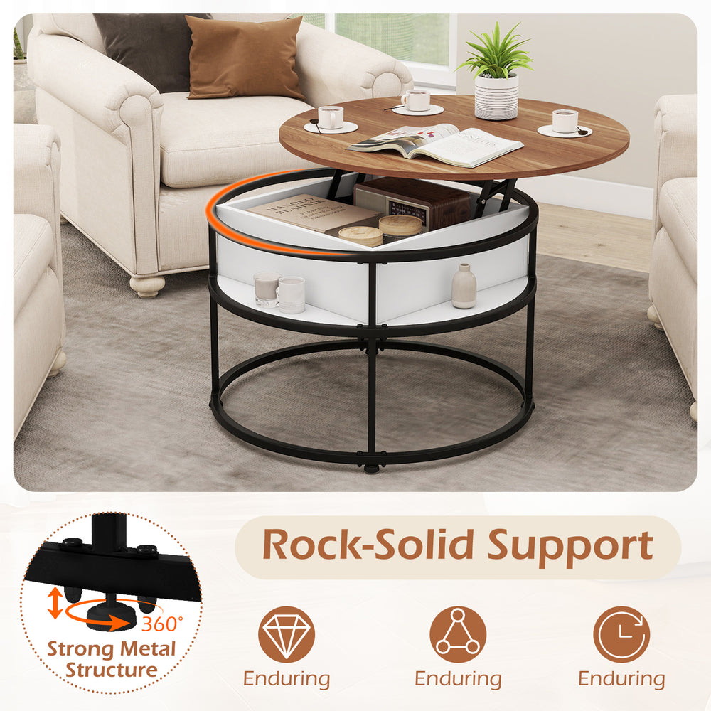 Round lift top coffee table with hidden compartment and side shelves, featuring a strong metal structure for stability.