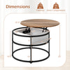 Round lift top coffee table with hidden compartment, side shelves, and sturdy metal structure, ideal for living room.