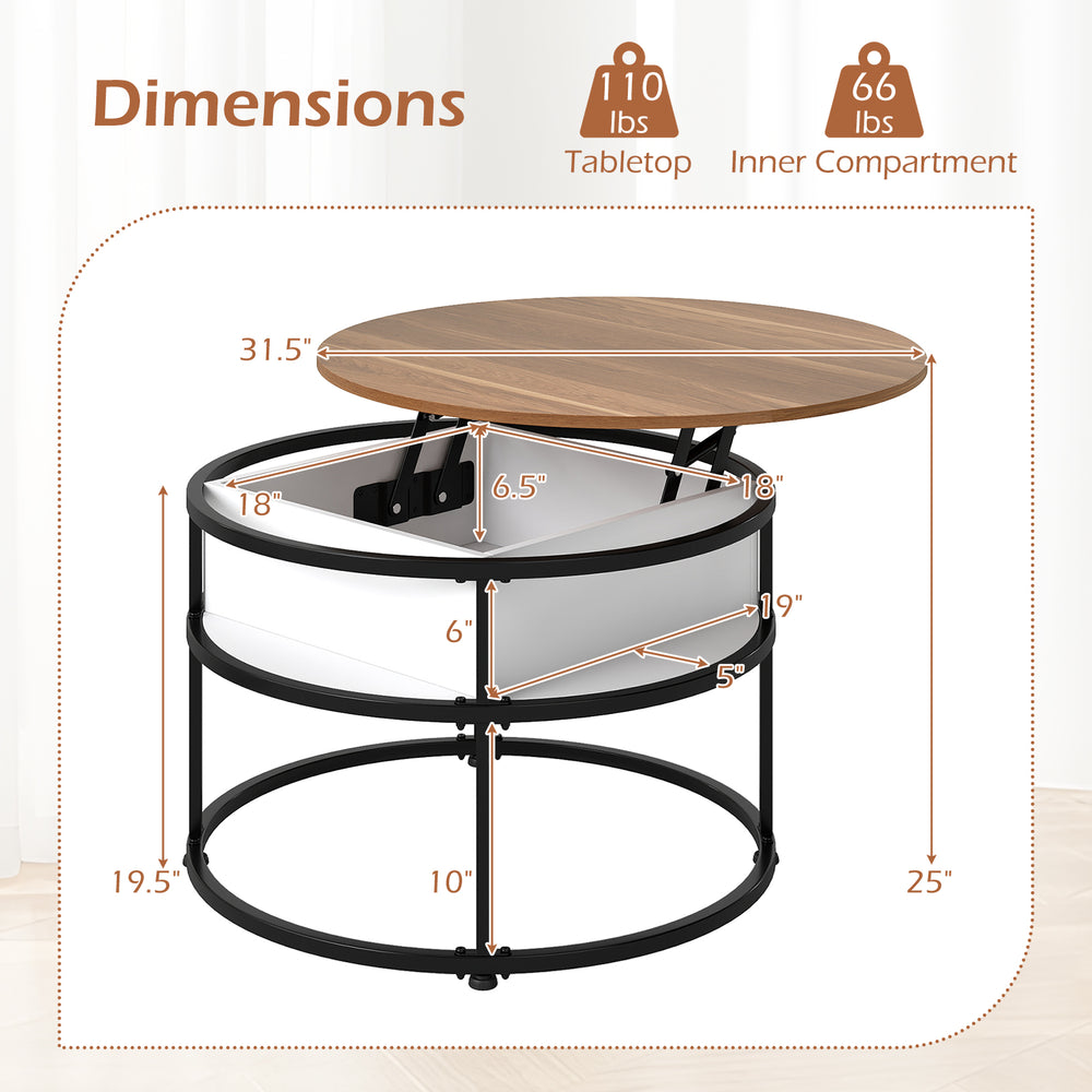 Round lift top coffee table with hidden compartment, side shelves, and sturdy metal structure, ideal for living room.