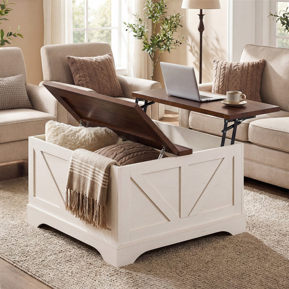 Square coffee table in rustic brown with a lifting tabletop, showcasing a cozy living room setup with decorative.