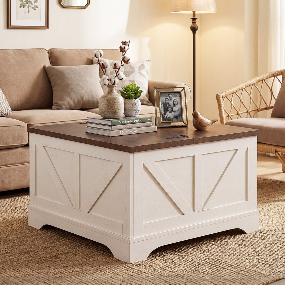 Square coffee table with a rustic brown lifting tabletop and hidden compartment, perfect for living room organization.