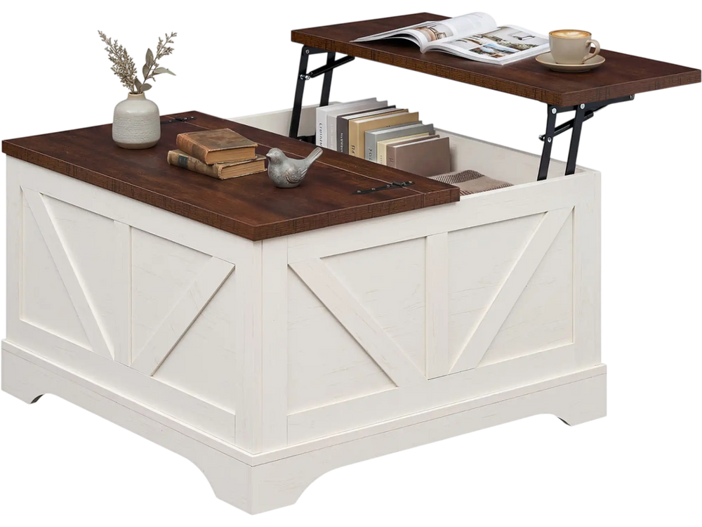 Square coffee table with a rustic brown lifting tabletop and hidden compartment for stylish storage and display.