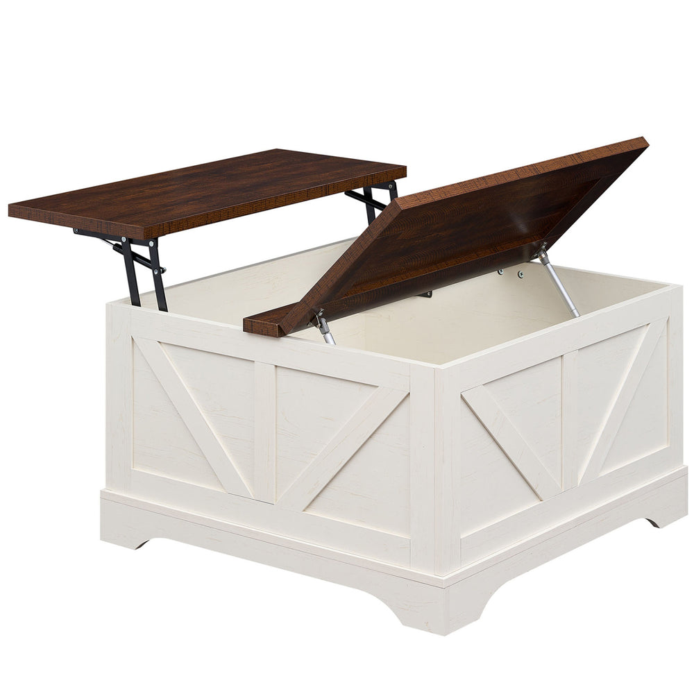 Square coffee table with a rustic brown lifting tabletop and hidden compartment, perfect for stylish storage.