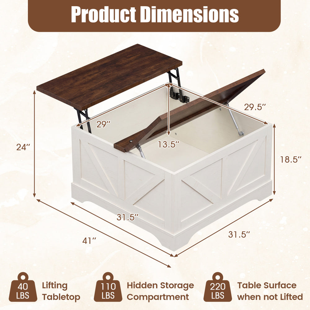 Square coffee table with lifting tabletop, hidden storage compartment, and rustic brown finish, dimensions 31.5 x 31.5.