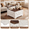 Square coffee table with rustic brown finish, lifting tabletop, and hidden compartment for stylish storage.