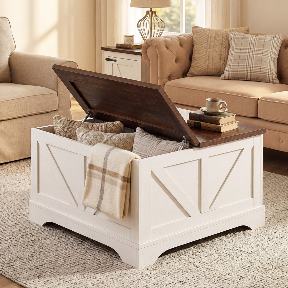 Square coffee table with a rustic brown lifting tabletop and hidden compartment, perfect for living room storage.