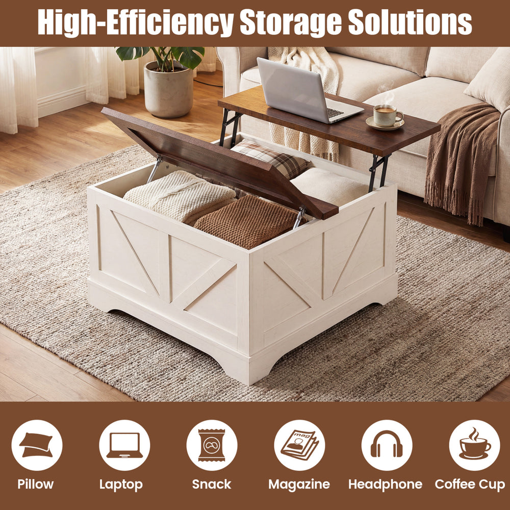 Square coffee table with lifting tabletop and hidden compartment in rustic brown, ideal for storage and versatile use.