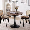 Round 31.5-inch walnut tulip table with a metal pedestal, perfect for small dining spaces or cafes.