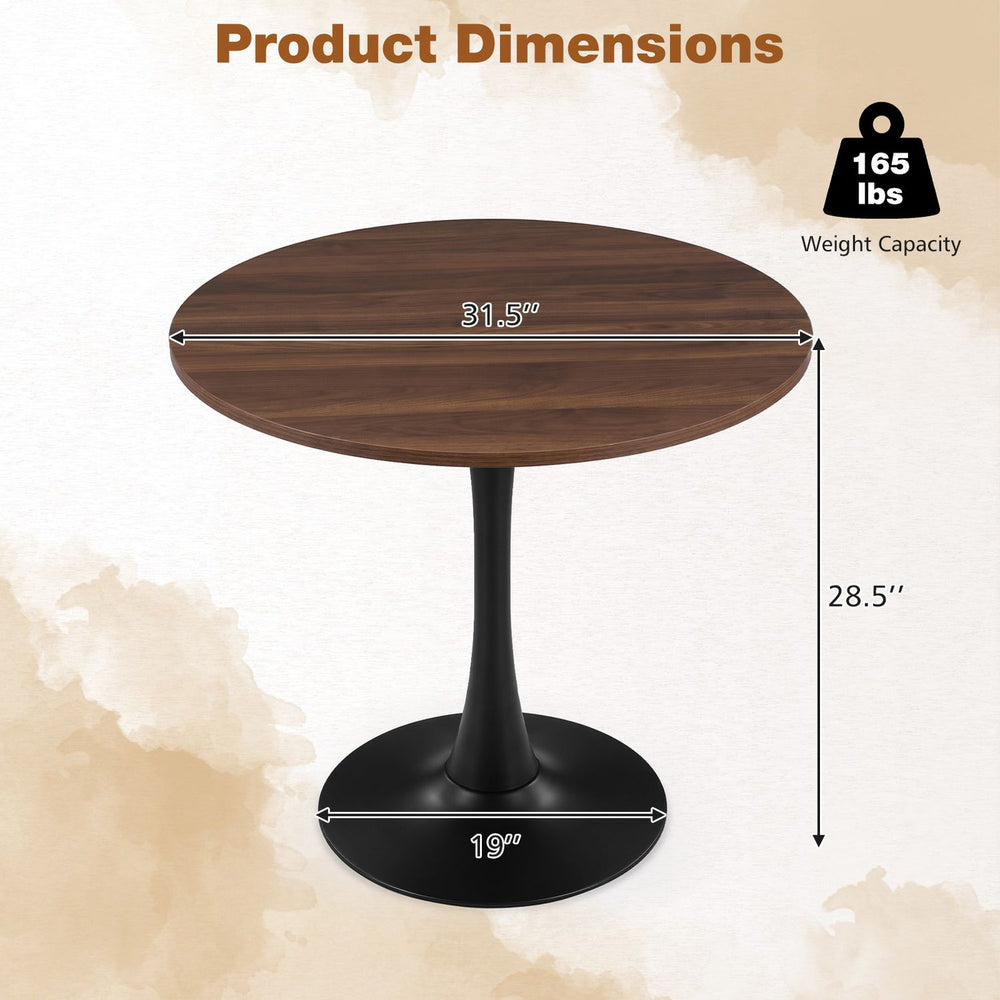 Round 31.5-inch walnut tulip table with metal pedestal, ideal for small spaces and easy to clean for dining or cafes.