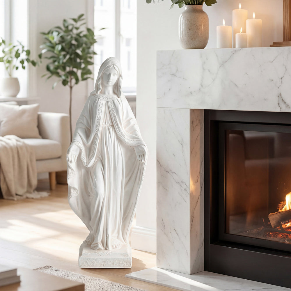 31.5-inch Virgin Mary statue with aged finish, made from magnesium oxide, ideal for yard patio decoration.