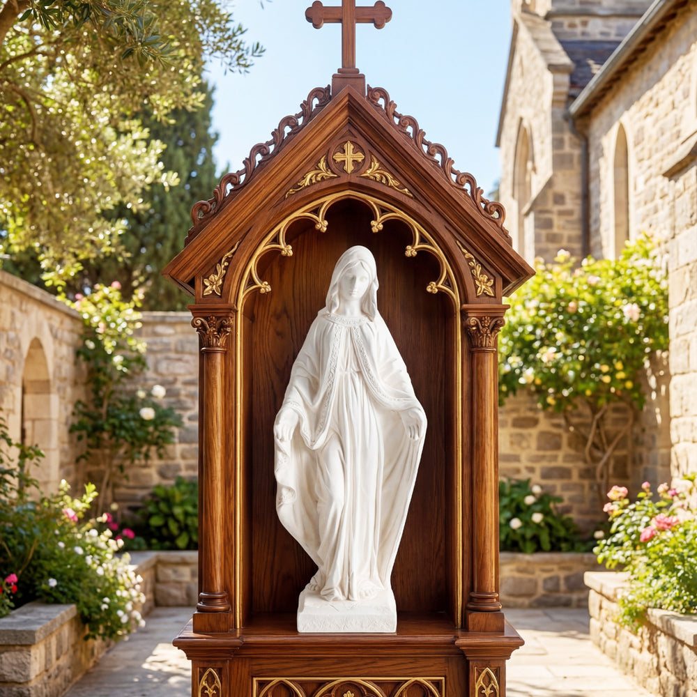 31.5-inch Virgin Mary statue with aged finish, made from magnesium oxide, ideal for yard or patio decoration.