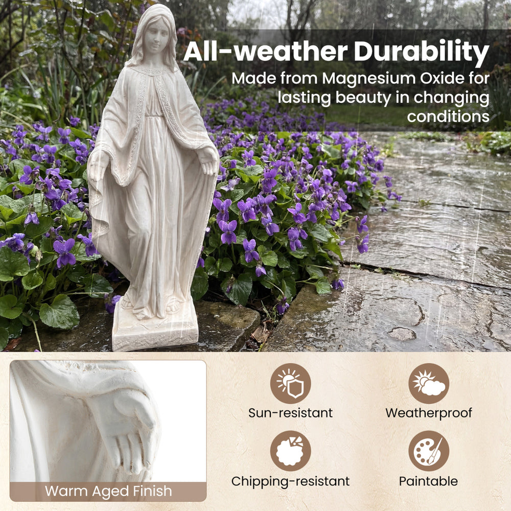 31.5-inch Virgin Mary statue in aged finish, made from magnesium oxide, ideal for garden or patio decor.