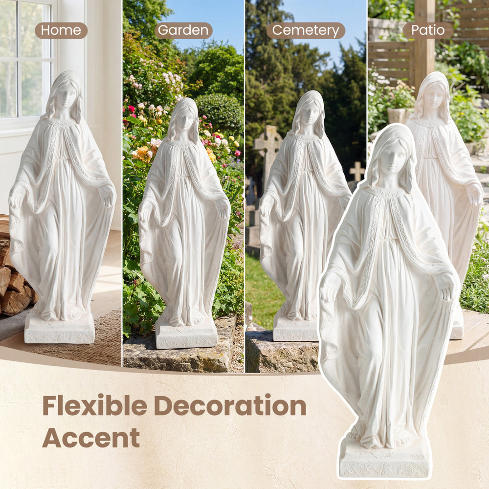 31.5-inch Virgin Mary statue with aged finish, made from magnesium oxide, perfect for garden or patio decoration.