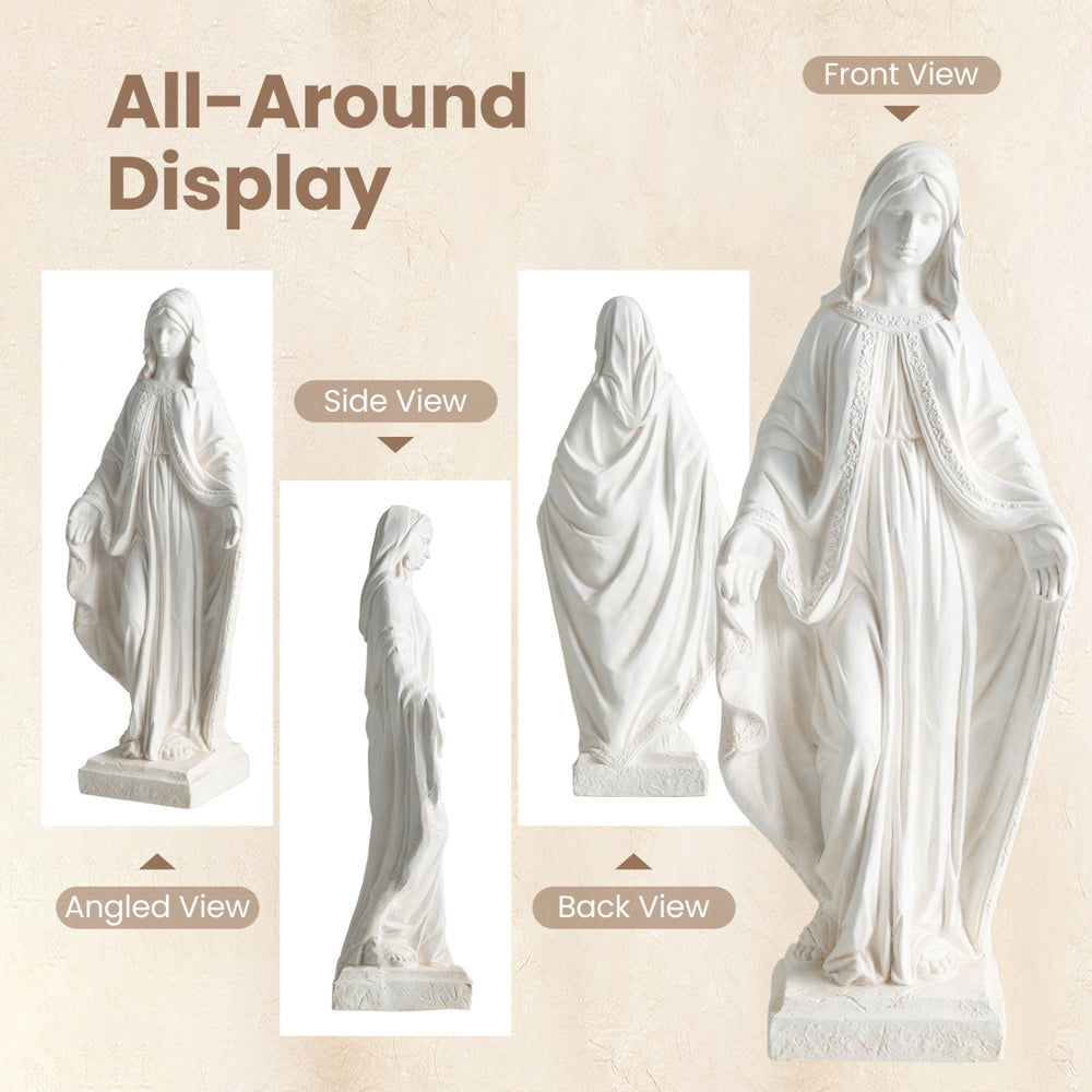 31.5-inch Virgin Mary statue in aged finish, made from magnesium oxide, perfect for yard or patio decoration.
