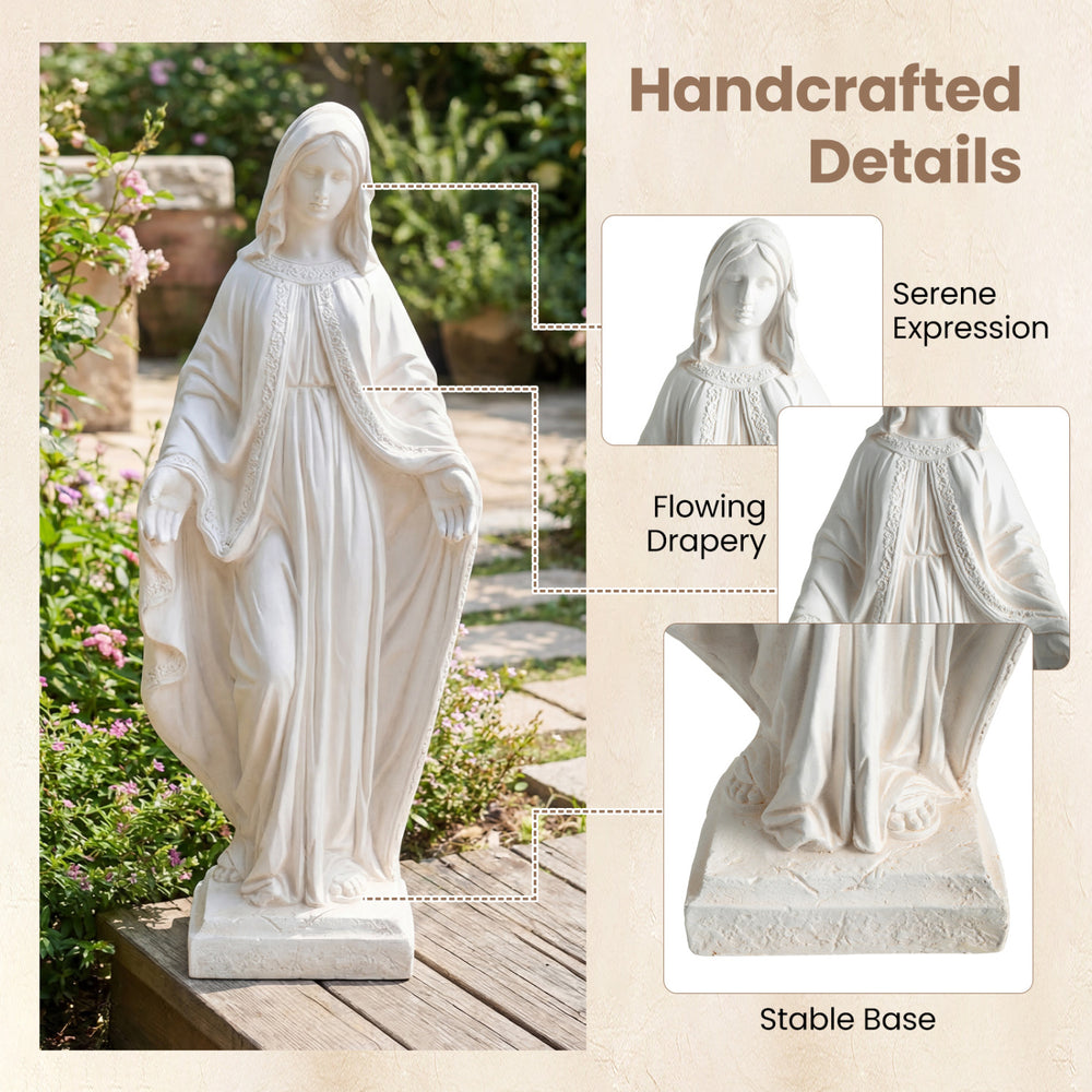 31.5-inch Virgin Mary statue with serene expression, flowing drapery, and stable base for yard or patio decoration.