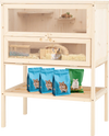 Freestanding wooden hamster cage with transparent acrylic, multiple activity areas, and bottom storage for pet supplies.