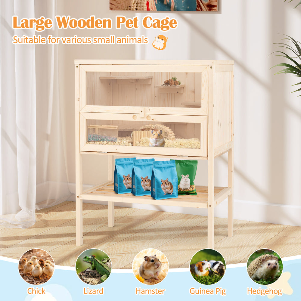 Hamster cage featuring a raised design for easy interaction, anti-deform fir wood, and spacious compartments for small.