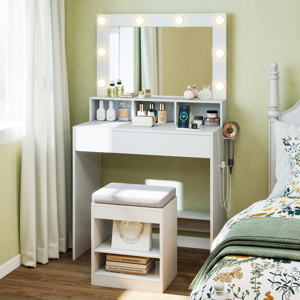 31.5 Inches Vanity Desk with 3 Lighting Modes and Storage Shelves-White - Gallery View 1 of 10