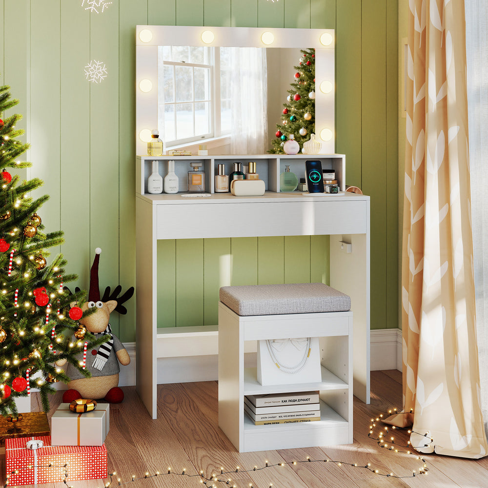 Vanity desk with lighted mirror, adjustable brightness, and storage shelves, perfect for small spaces.