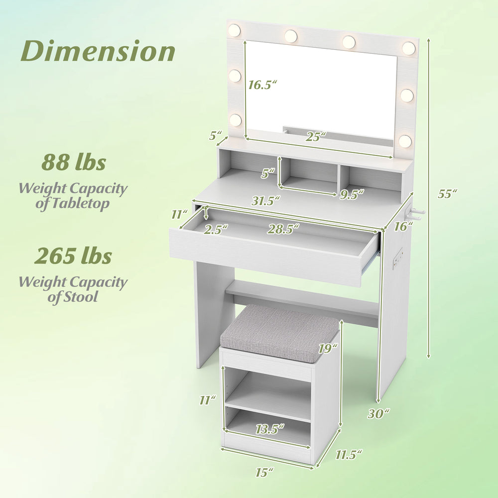 Dimensions of the 31.5-inch white vanity desk with lighted mirror, storage shelves, and matching stool.