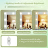 Vanity desk with lighted mirror showcasing 3 lighting modes, adjustable brightness, and storage shelves in white.