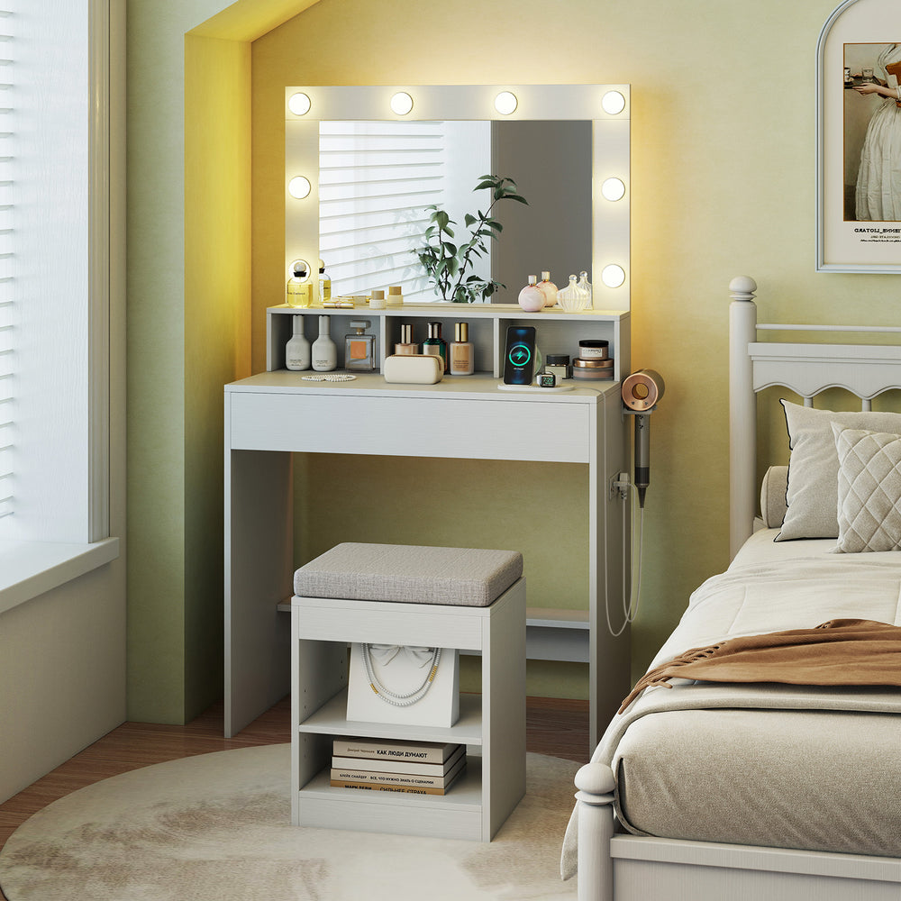 Vanity desk with lighted mirror, adjustable brightness, and storage shelves, perfect for small spaces in white finish.
