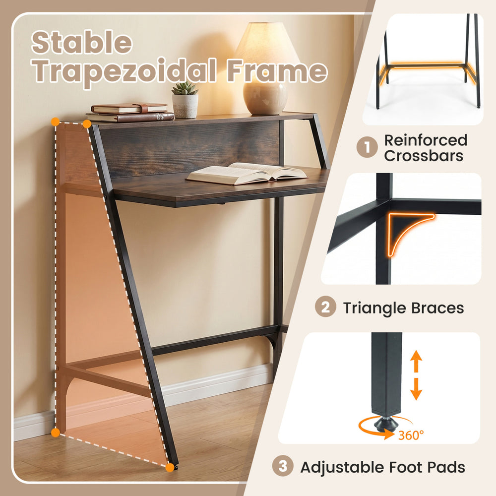 Industrial desk with raised shelf in rustic brown, featuring a stable trapezoidal metal frame for small spaces.