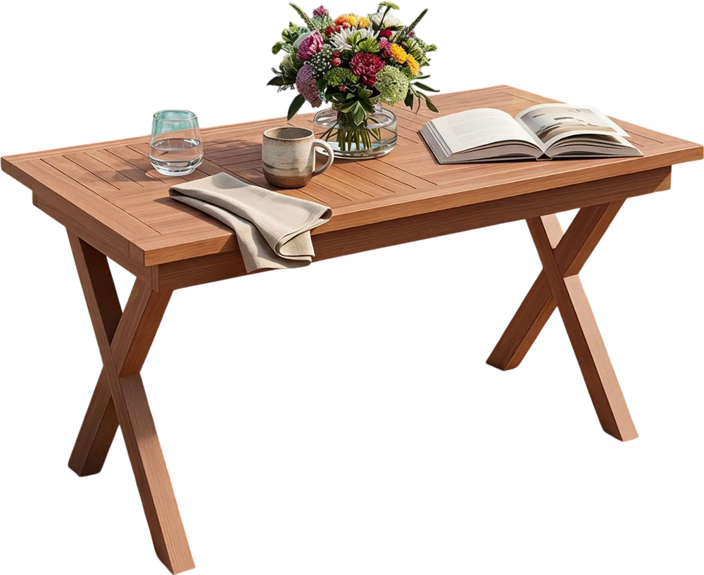Teak wood coffee table with slatted tabletop, perfect for outdoor use on the patio or poolside, supporting up to 400 lbs.