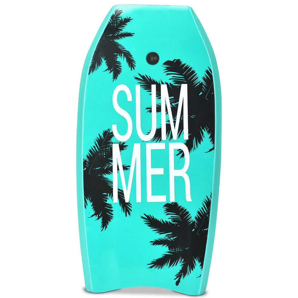 Lightweight 33-inch bodyboard with palm design, made of EPS core and XPE deck, perfect for summer water sports.