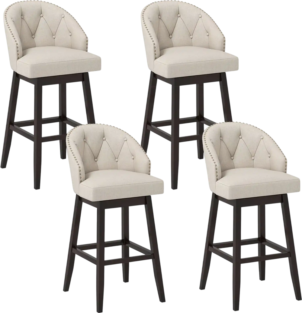 Set of 4 beige padded bar stools with rubber wood frame, 31-inch height, featuring swivel seats and tufted design.
