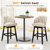 Beige padded bar stools with 360° swivel seats and rubber wood frame, ideal for kitchen islands and cafes.