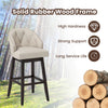 Beige padded bar stool with a solid rubber wood frame, 360° swivel seat, and ergonomic backrest for kitchen or pub use.