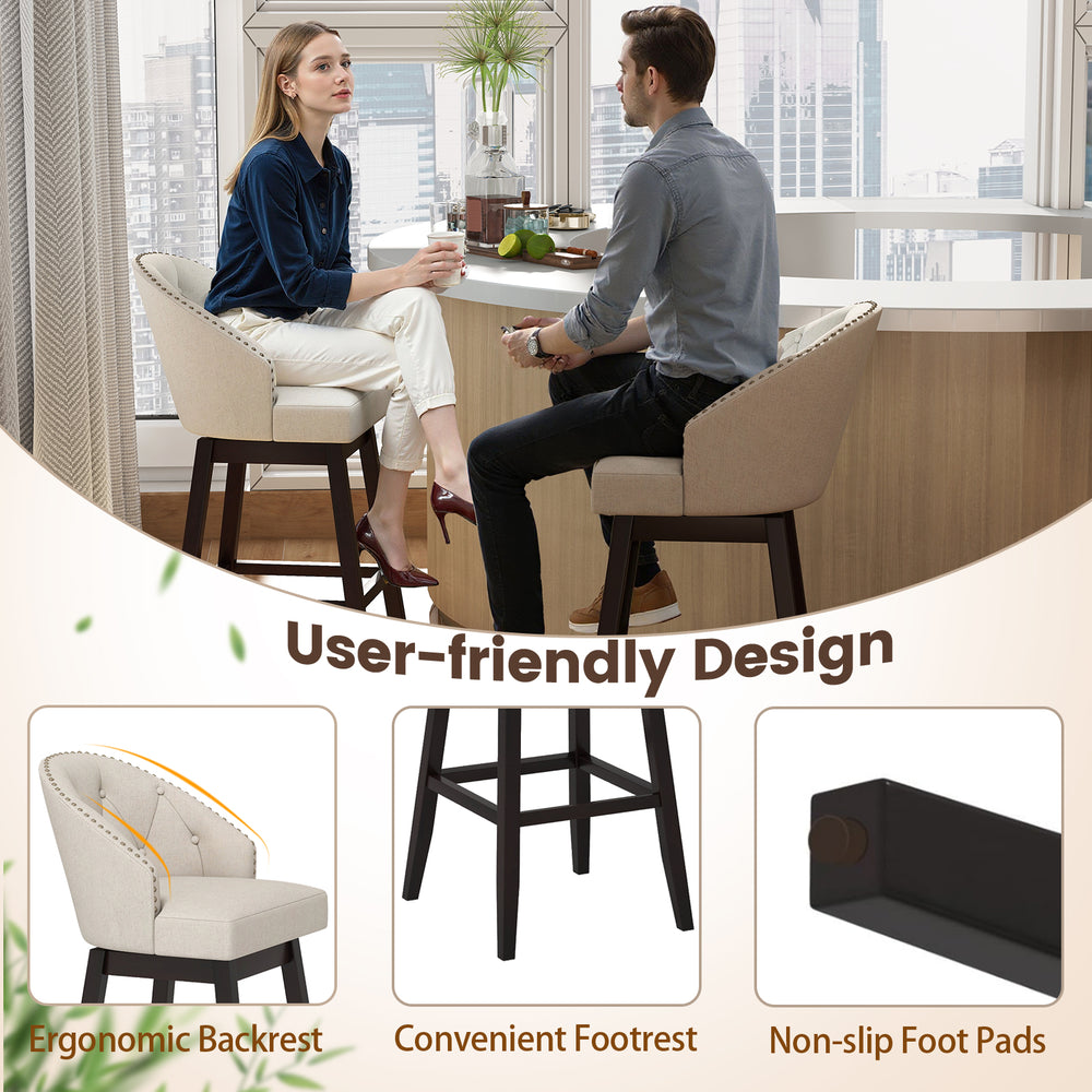 Beige padded bar stool set with ergonomic backrest, 360° swivel seat, and rubber wood frame for kitchen or pub use.