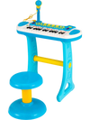 Kids piano keyboard toy in blue with microphone, 31 keys, and adjustable stool for musical fun and development.