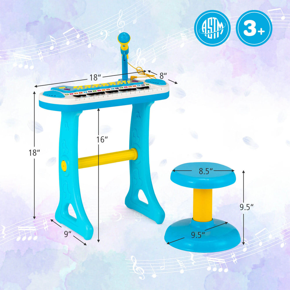 Kids piano keyboard toy in blue with microphone and stool, featuring 31 keys, adjustable volumes, and multiple sounds.