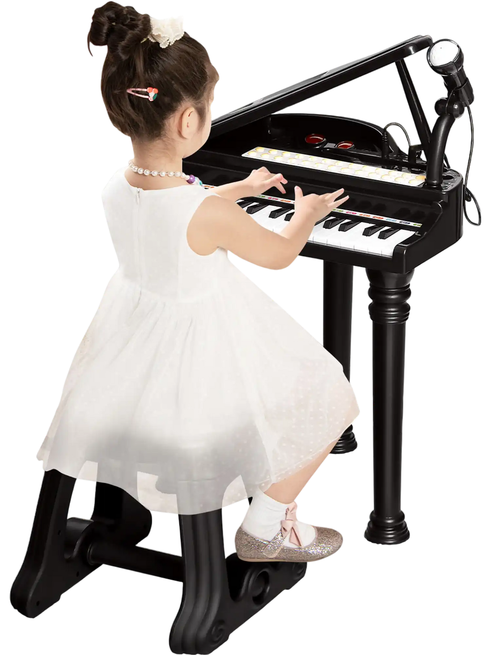 Kids piano keyboard in black with 31 keys, microphone, and stool, perfect for fun music learning at home.