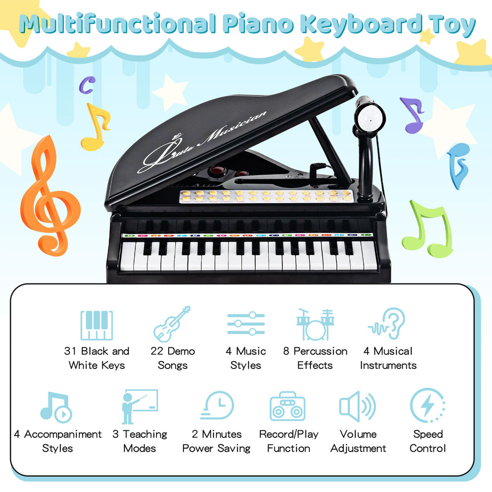 31-key kids piano keyboard in black with microphone, LED lights, and various teaching modes for fun learning.