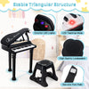 Kids piano keyboard with 31 keys, LED lights, and stool, featuring a stable triangular structure for educational fun.
