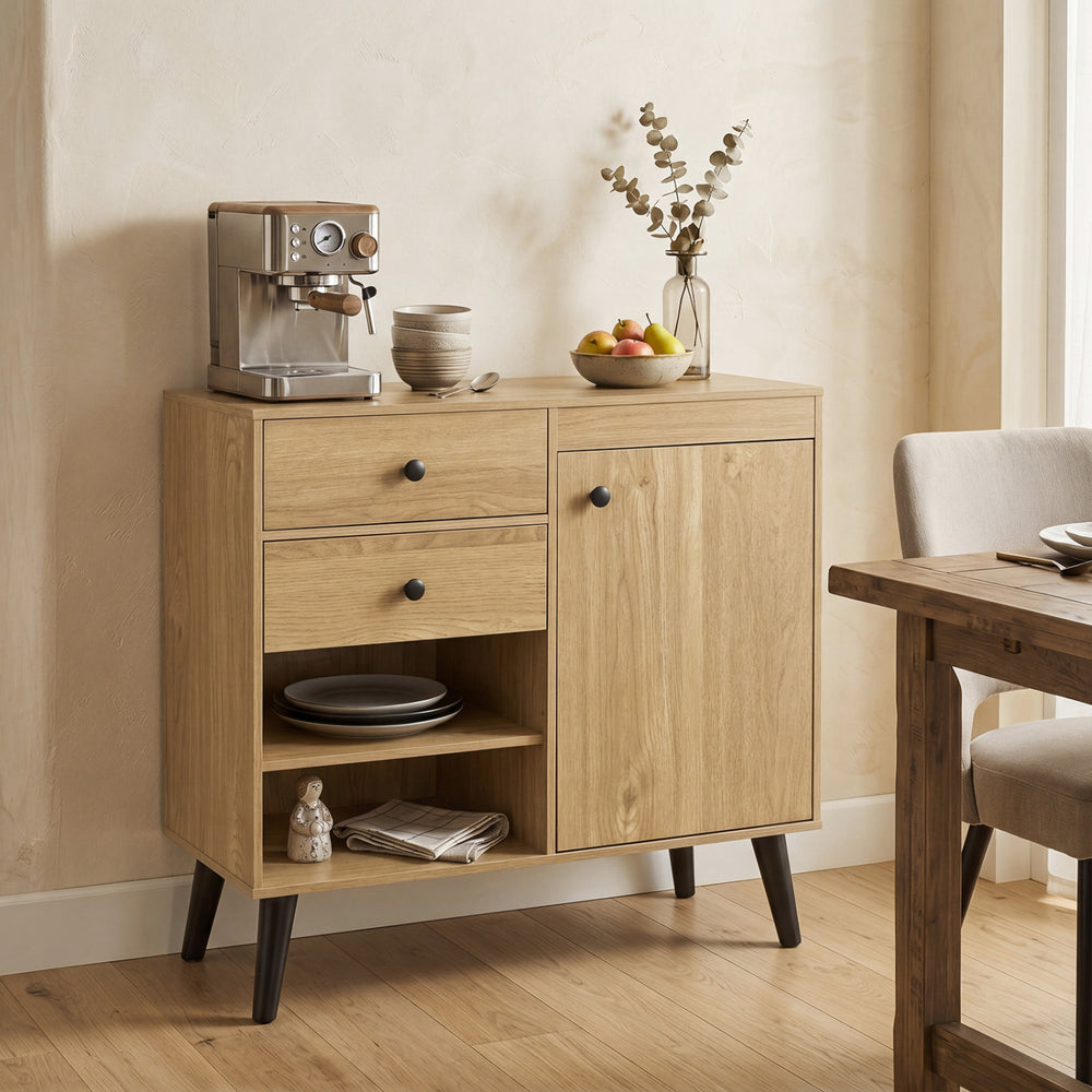 Natural 31" sideboard cabinet featuring 2 drawers, 2 open compartments, and raised legs for stability in a dining area.