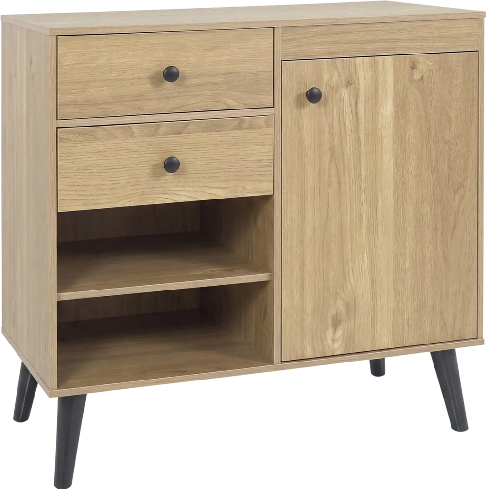 Natural 31" sideboard cabinet featuring 2 open compartments, 2 drawers, and raised legs for stability and easy cleaning.