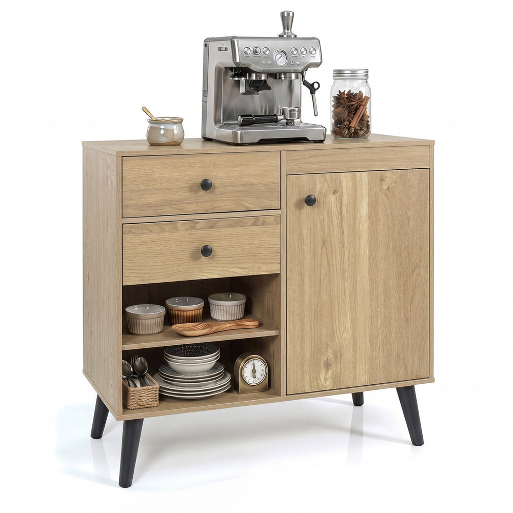 31" natural sideboard cabinet featuring 2 drawers, 2 open compartments, and raised legs for stability and easy cleaning.